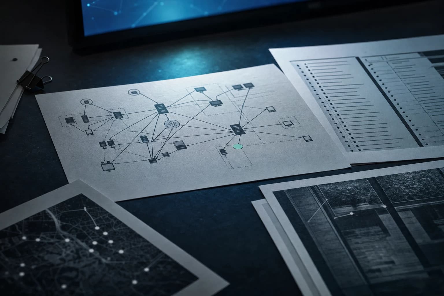A close view of evidence papers and network context on a dark desk
